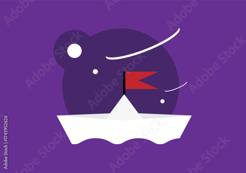 Paper Boat with Red Flag Floating in Water Colorful Background. Games for children or business metaphor vector art