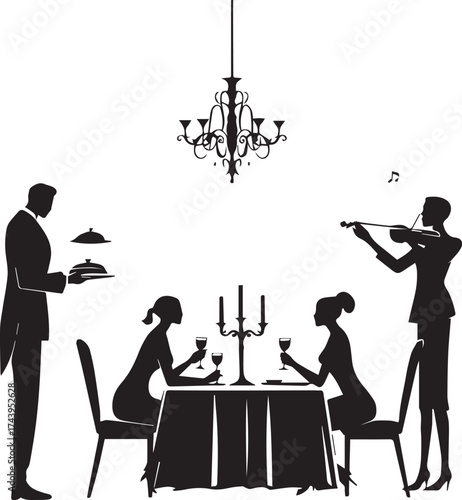 Elegant fine dining scene with guests, waiter, violinist, and chandelier in black silhouette illustration