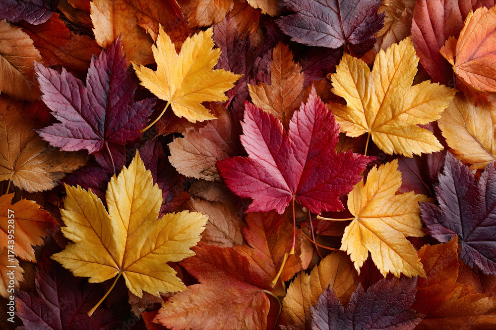 Obraz premium Vibrant autumn background with colorful maple leaves in red, yellow, and orange.