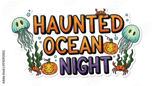 Haunted Ocean Night: A whimsical underwater scene with spooky pumpkins, jellyfish, crabs, and seaweed, conjuring a playful Halloween atmosphere.