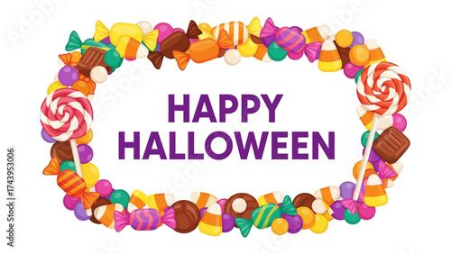 Spooky Sweet Delights: A colorful assortment of candies and treats forms a festive frame, spelling out Happy Halloween in joyful, vibrant hues, evoking the playful spirit of the season.