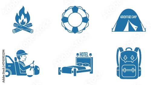 Flat Blue Vector Icons for Travel, Outdoor Recreation, and Hospitality Services