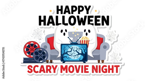 Spooky Movie Night: A creative depiction of a cozy Halloween movie night, featuring a spooky scene playing on the TV, accompanied by film reels and popcorn.