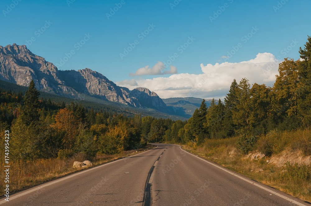 Fototapeta premium Scenic view featuring a paved pathway, dense forest, and majestic peaks