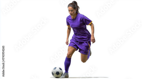 Pro Female Soccer Player in Purple Kit Dribbling Ball - Isolated Action Shot