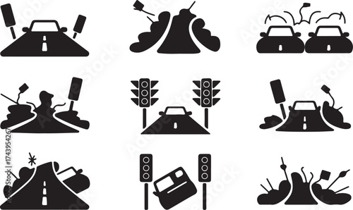 Traffic Accident Road Crash Disaster Black Outline Isolated Icon Symbols Set