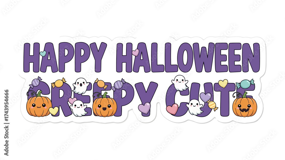 Fototapeta premium Happy Halloween & Creepy Cute: A fun Halloween-themed sticker featuring cheerful, playful characters like ghosts and pumpkins, combined with sweet treats.
