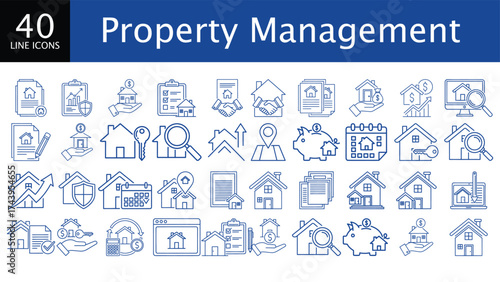 Property Management Line Icons Real Estate Business, Investment, Finance, Home Services, Rental Agreements