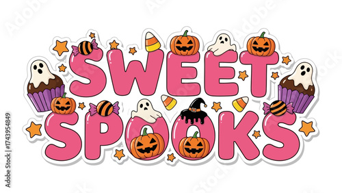 Sweet Spooks: A playful illustration featuring the phrase Sweet Spooks surrounded by a cast of Halloween characters. Celebrate a fusion of delightful and spooky elements.