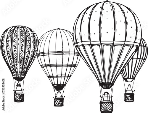 Stylized hot air balloons with unique patterns and detailed baskets in black and white line illustration