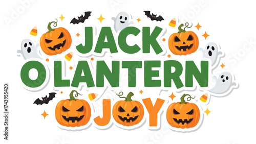 Jack O' Lantern Joyful Illustration: A vibrant and festive Halloween illustration, brimming with grinning jack-o'-lanterns, playful ghosts, and fluttering bats. An expression of joy, fun.