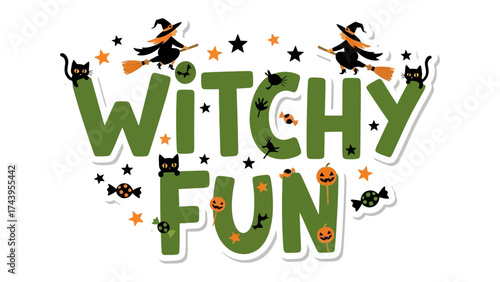 Witchy Fun Illustration: Whimsical depiction of Halloween delight, featuring spellbinding witches, playful black cats, and delightful pumpkins against a vibrant background.