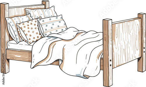 Relax in this cozy wooden bed with comfy patterned pillows