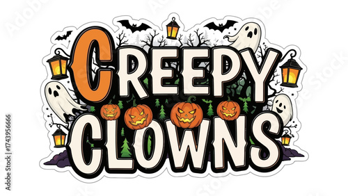 Creepy Clowns Illustration: An illustrative scene featuring whimsical ghost, eerie pumpkin and night lamps, evoke sense of creepy and spooky feeling for your Halloween.