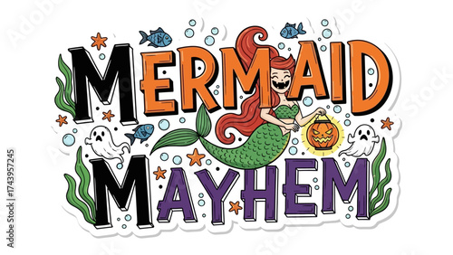 Mermaid Mayhem: A playful and festive illustration combines the enchantment of mermaids with the spooky fun of Halloween. Depicting a grinning mermaid holding a jack-o'-lantern amidst cheerful ghost.