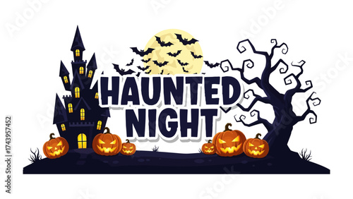 Haunted Night Invitation: Spooky scene with a haunted castle, jack-o'-lanterns, bats, full moon, and a gnarled tree, creating a chilling atmosphere for a night of Halloween fun.