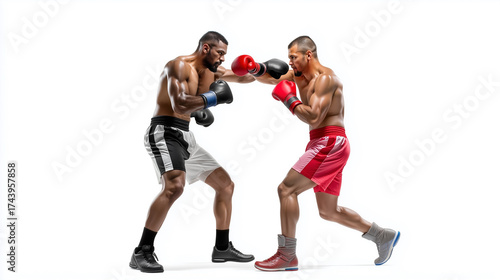 Two Pro Boxers Sparring in Ring - Side View Action Shot - Isolated on White