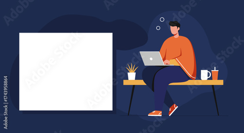 Concentrated man works on laptop Remote work digital lifestyle concept with copy space