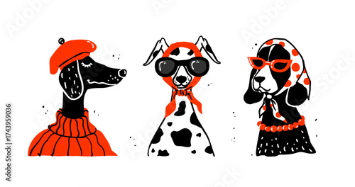 A hilarious and stylish set of vector illustrations featuring fashion-forward dogs in retro attire. These quirky, hand-drawn doodle characters perfect for trendy branding