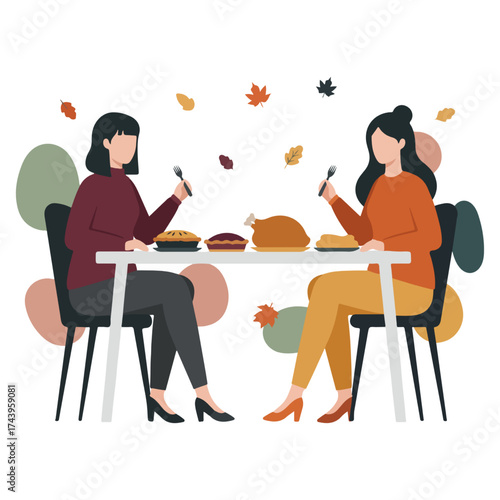 Thanksgiving Meal Shared by Sisters with Fall Decorations