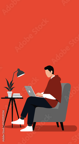 Man working remotely on laptop from home Comfortable workspace productivity and online learning