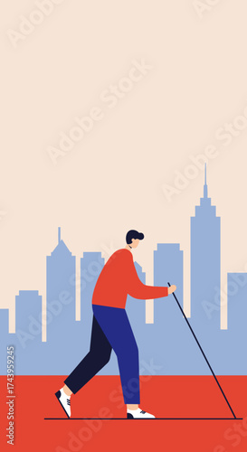 Visually impaired man navigates city street with cane representing independence and urban accessibility