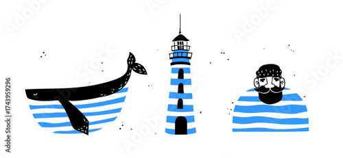 A fun and striking set of nautical vector illustrations featuring sea life and marine icons. This quirky hand-drawn art includes a stylized whale, a lighthouse, and a bearded sailor