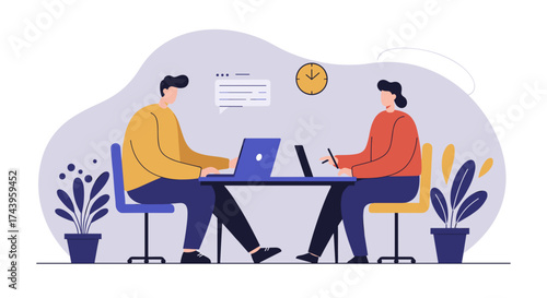 Two colleagues collaborate in a modern office emphasizing teamwork communication and productivity