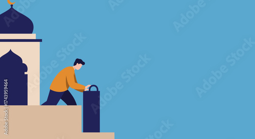 Man pushing luggage near a mosque Travel journey effort or pilgrimage concept