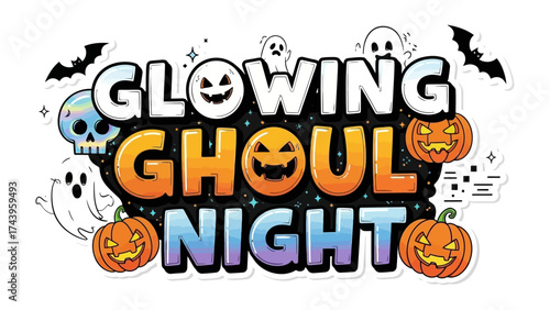 Glowing Ghoul Night: An eerie illustration promising a spooky gathering, featuring a collection of Halloween icons such as bats, ghosts, pumpkins, and a skull.