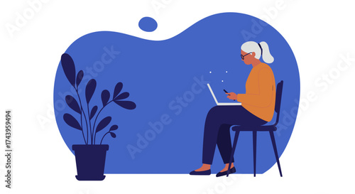 Senior woman using laptop and phone Remote work online learning connected lifestyle