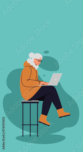 Modern senior woman actively using laptop Embracing technology online learning or remote work