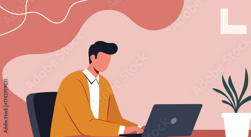 Focused man working on laptop at a modern desk with plant representing remote work or business