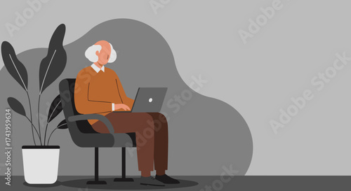 Elderly man working on a laptop depicting active seniors and digital literacy