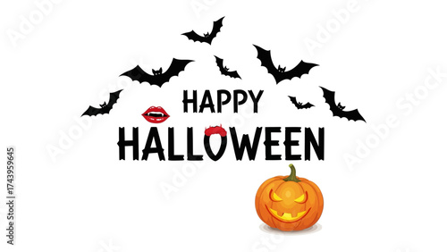 Happy Halloween Festivities: A festive Halloween design featuring grinning pumpkin, bats and typography with happy words celebrating Halloween.