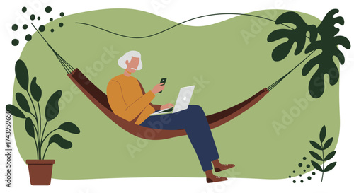 Senior person works remotely and relaxes in a hammock embracing outdoor digital lifestyle