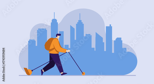 Man with backpack walks unique cleaning tool in front of a modern city skyline Urban maintenance environment