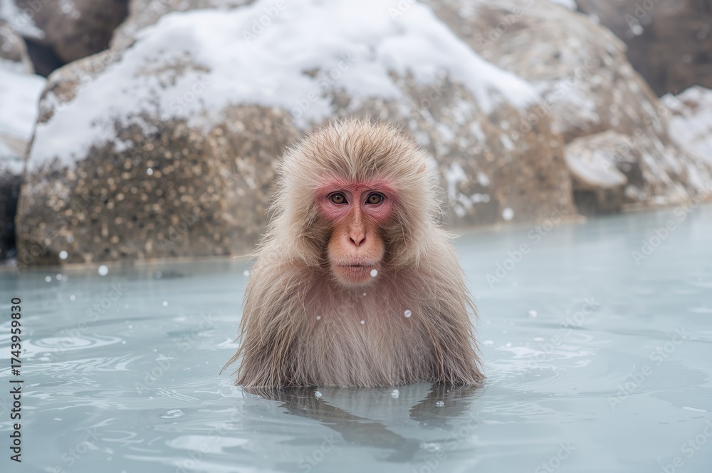 Naklejka premium Winter soak in a steamy hot spring by a wild monkey