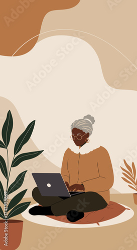 Senior woman using laptop in a cozy home setting illustrating remote work learning or leisure