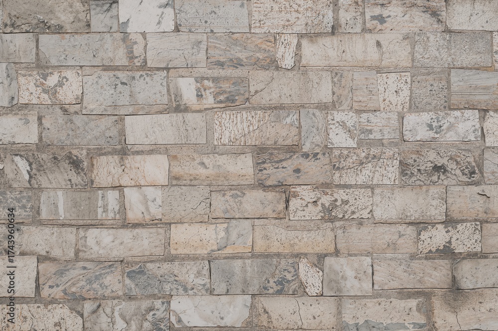 Fototapeta premium Exterior wall composed of carved marble stones varying in dimensions and hues.