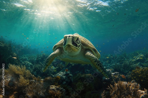 A sea turtle feeding on marine vegetation underwater