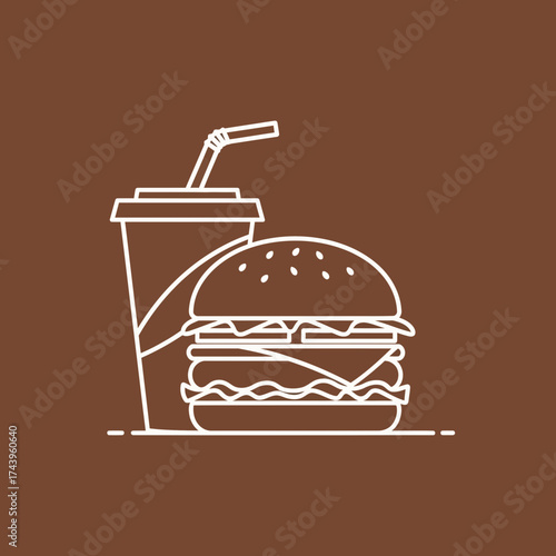 Fast Food Icon – Burger and Drink Outline on Brown Background