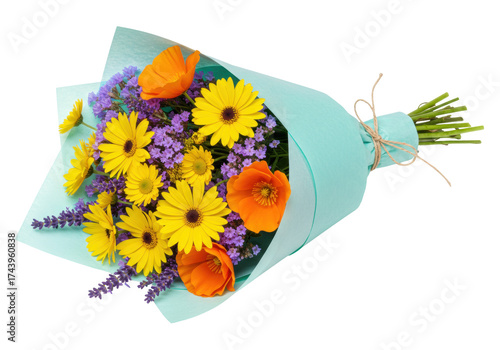 Cheerful bouquet of yellow gerbera daisies and orange poppies isolated, wrapped in blue paper for celebrations and special occasions