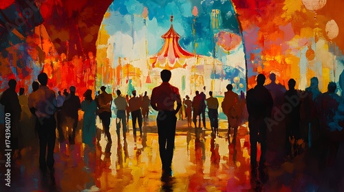 Vibrant painting of a person walking towards a circus tent with a crowd of people.