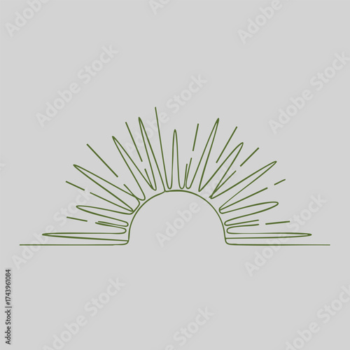 Minimalist abstract line art representing a rising sun with radiating rays on a neutral