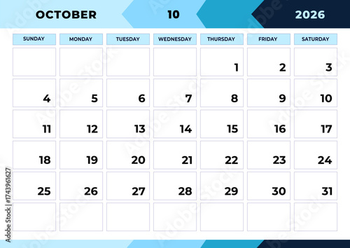 October 2026, planner monthly design. Calendar 2026, Week Starts Sunday, One Page. Design Planner Template. Print.