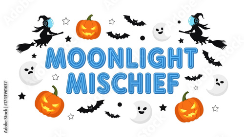 Moonlight Mischief: A spooky scene unfolds with glowing pumpkins, friendly ghosts, and bats, all set against a backdrop of a bewitching moonlight. 