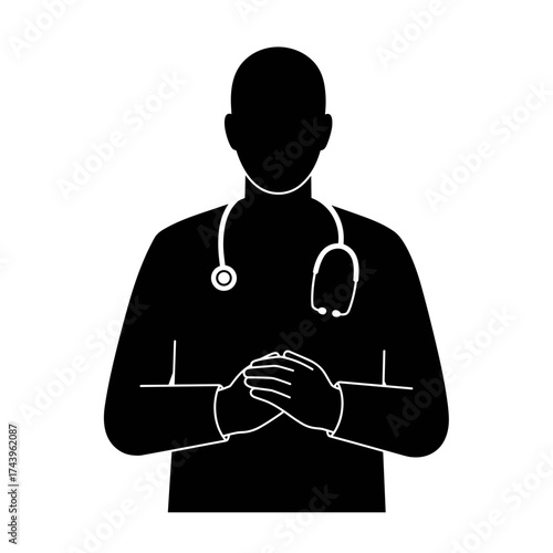Doctor with stethoscope standing with folded hands on white background  