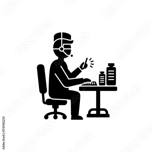 Doctor using telemedicine technology with headset and medication bottles  