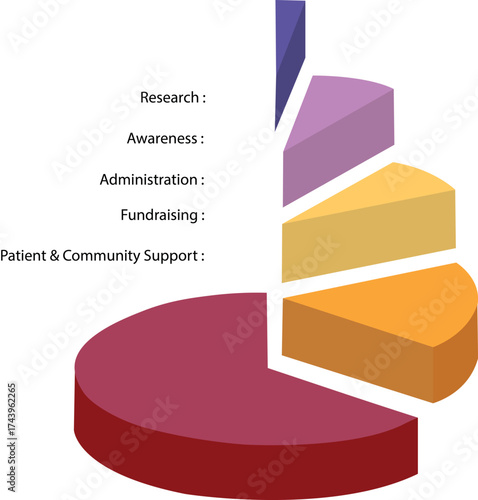 Vector art of 3d business pie chart showing breakdown of funding for research, awareness, administration, fundraising, and patient community support